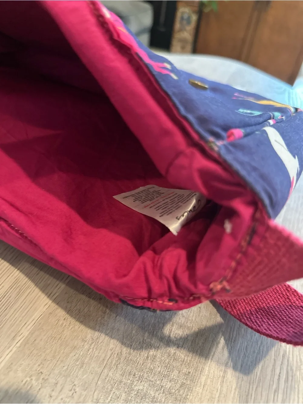 Joules Navy Crossbody Bag with Pink Strap and Multicolor Horse Print